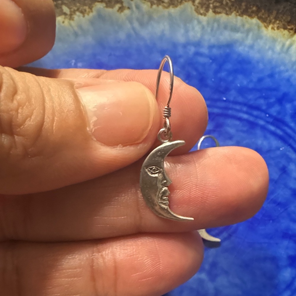 Vintage Sterling Silver Moon Crescent Face Drop Earrings - Picture 5 of 5